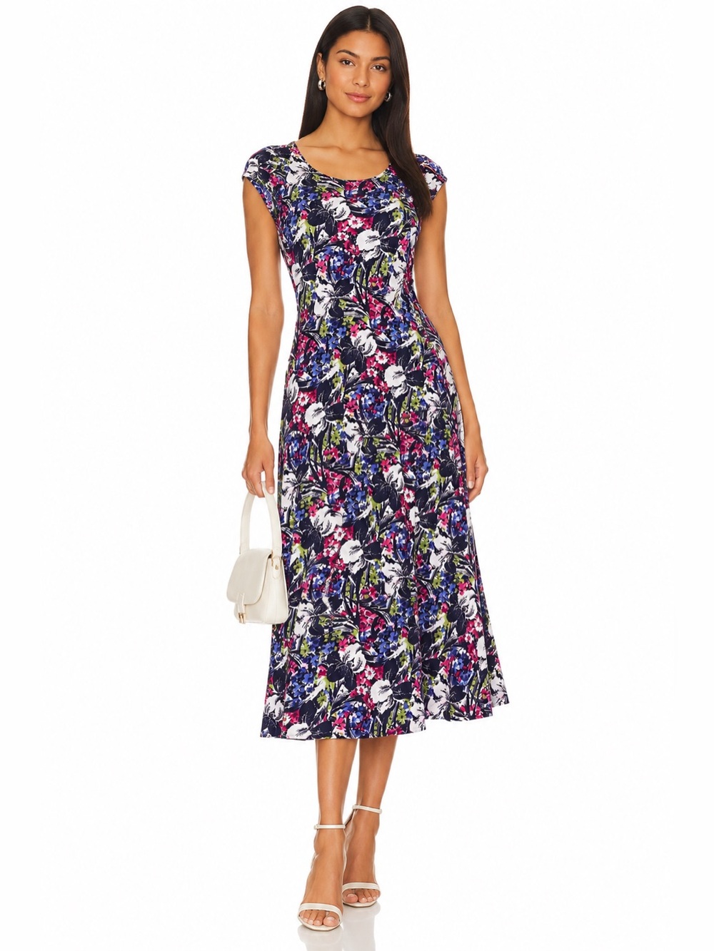 Lauren Ralph Lauren Navy Floral Cap-Sleeve Midi Dress